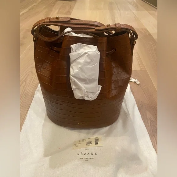 Sezane Brown Croc-Embossed Bucket Bag - Picture 9 of 11